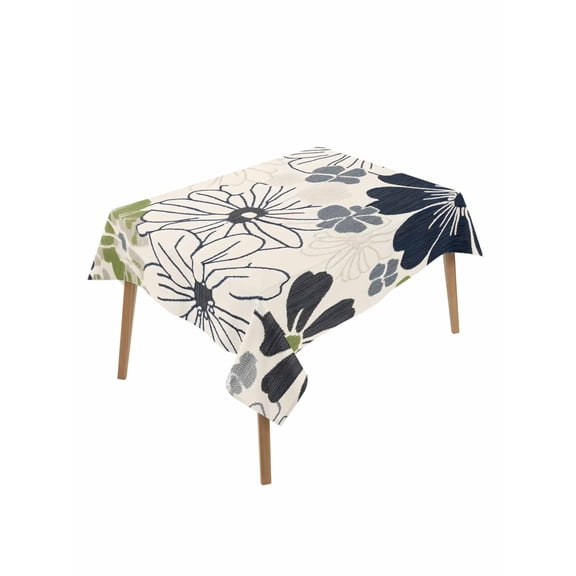White Black Flowers Table Cloth, Waterproof Tablecloth for Rectangle Tables, Vintage Floral Beige Burlap Reusable Washable Fabric Table Cover for Restaurant Kitchen Dining Tables 52"x70"
