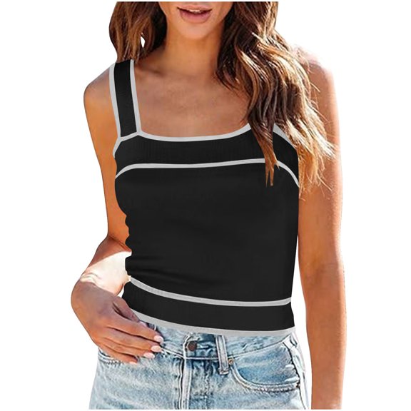 SELONE Square Neck Tank Top Women Knitted Sleeveless Sweater Wide Strap Basic Pullover Summer Beach Outfits Black L