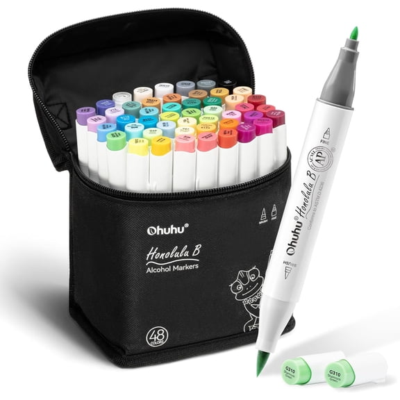 Ohuhu Alcohol Markers 48 Colors -Brush & Fine -Honolulu B -Refillable for Artist Adults Coloring Illustration