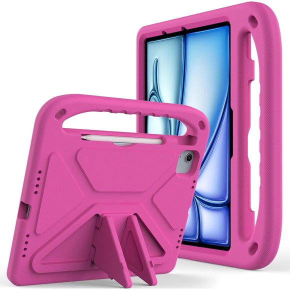 KOMI Étui de Protection Robuste pour Enfants Compatible avec iPad Air 11 Pouces M2(2024)/Pro 11 Pouces (2024) M4, Étui de Protection Léger Antichoc avec Poignée et Support, Convivial pour les Enfants (Rouge Rose)