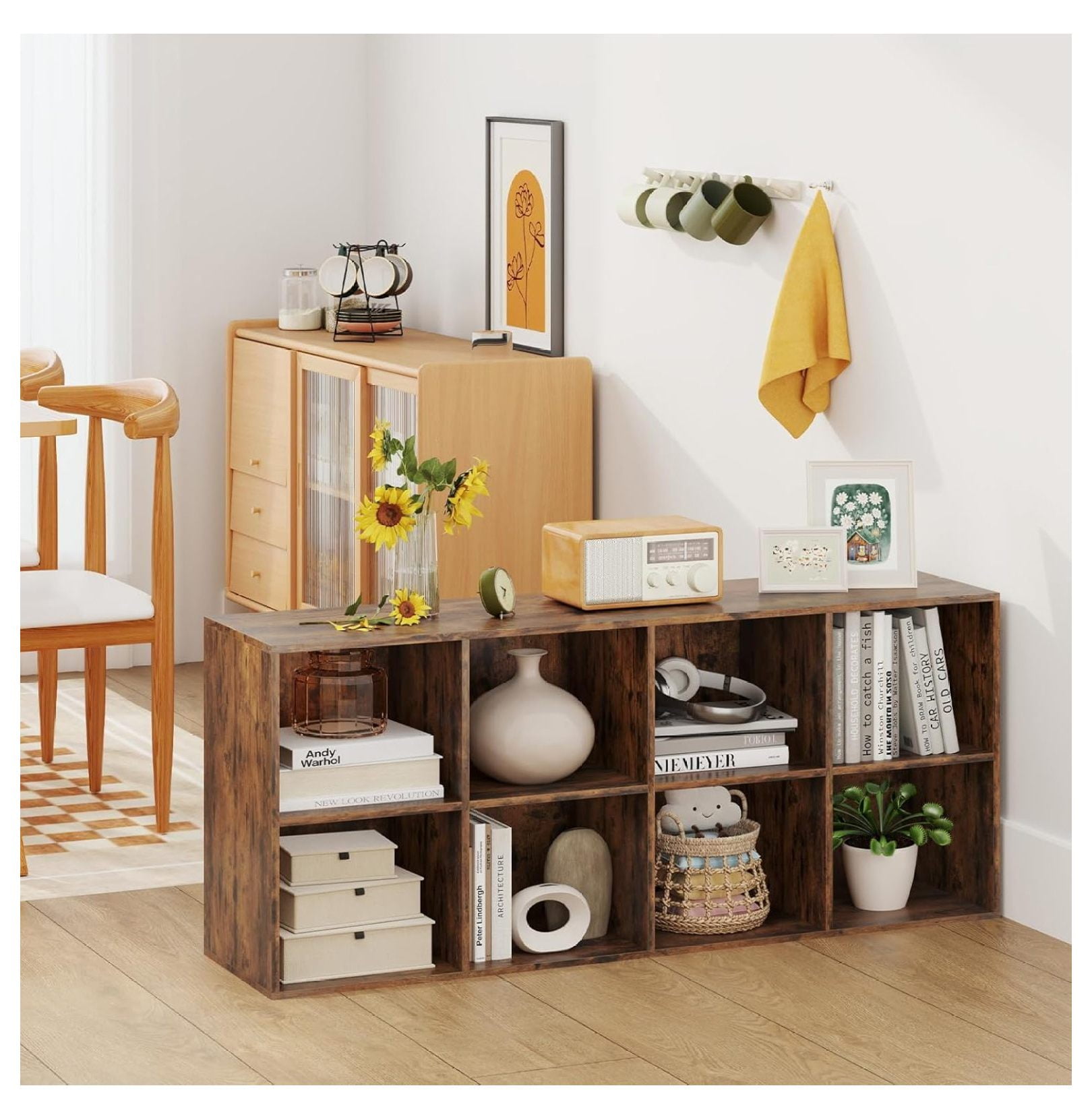 WDZS 8-Cube Bookcase, Floor Standing Bookshelf with Storage & 2 Anti-Tipping Kits, Open Storage Organizer, Cubby Wooden Book Shelf for Living Room, Study & Bedroom, Rustic Brown