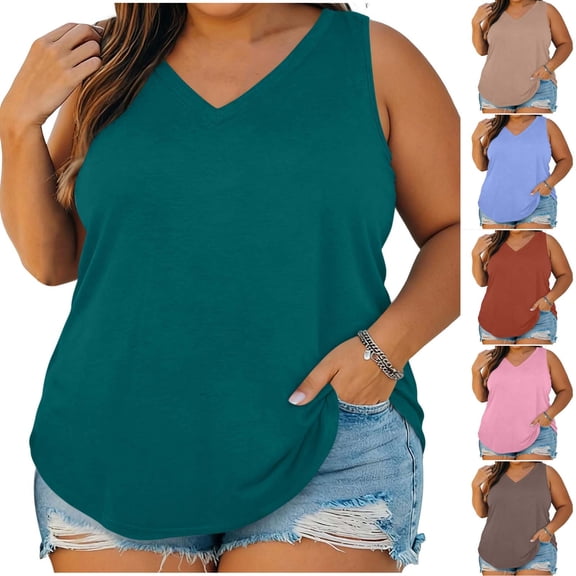 SEMPAI Womens Plus Size Tank Tops Summer Sleeveless V Neck T Shirts Casual Loose Fit Basic Tees Tunic Tops