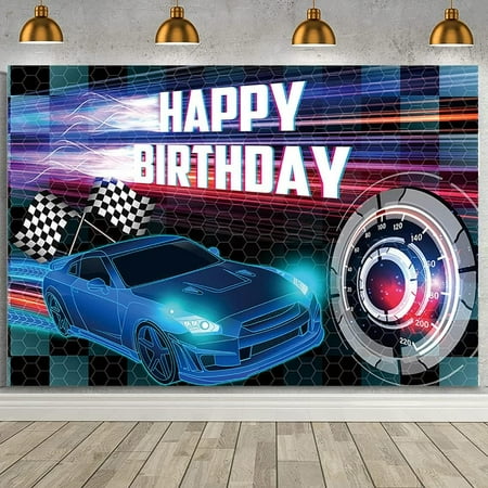 Car Racing Happy Birthday Backdrop, Blue Racing Party Photo Background for Boys, Cars Party Decorations Car Banner Blue Race Car Birthday Party Supplies Party Decor