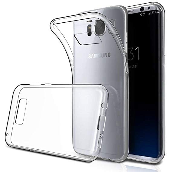 funda hit jelly atti para samsung galaxy s8 transparente silicón flexible alta calidad, funda translúcida colocada sobre un Samsung Galaxy S8 con recortes para cámara y botones visibles, fondo blanco.