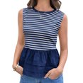 thumbnail image 2 of Summer Stripe Print Women Sleeveless Patchwork Slim Tank Tops Ruffle Vest, 2 of 6