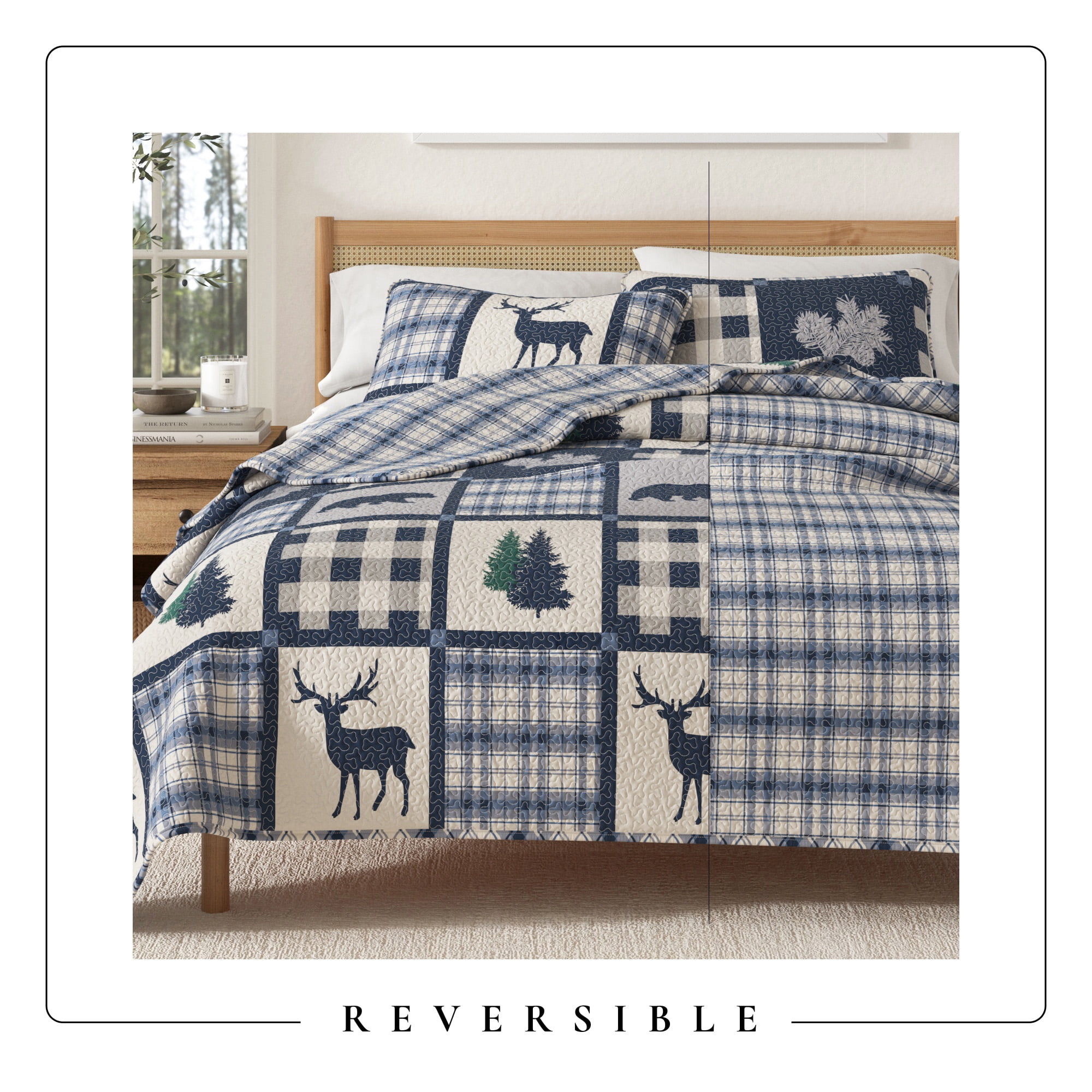 Lodge Quilt Set - Lightweight, Soft, All-Season - 2-Piece Reversible Rustic Bedding Set (Twin / Twin XL, Navy / Grey)