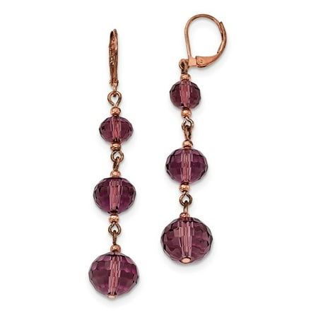 - Rose-tone Purple Crystal Bead Linear Drop Earrings