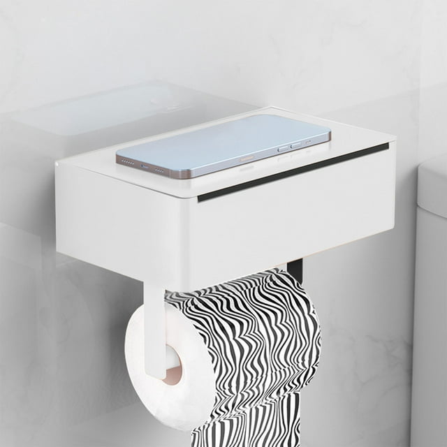 Portarrollos de papel higiénico de pared con dispensador de toallitas y soporte para teléfono | Almacenamiento de baño de acero inoxidable | Montaje adhesivo o con tornillos | Diseño moderno 2 en 1