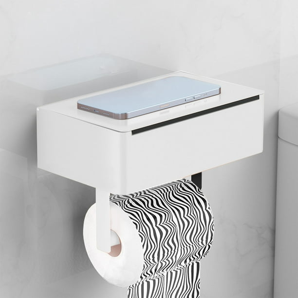 Portarrollos de papel higiénico de pared de acero inoxidable con estante y dispensador de toallitas | Organizador de baño 2 en 1 | Montaje adhesivo o con tornillos | Negro/Plateado/Naranja | 20,5 x