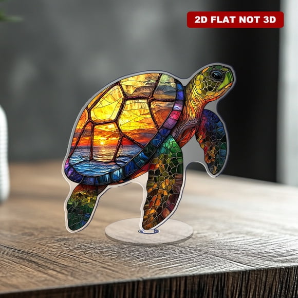 Rotating acrylic display featuring a turtle house in stained glass with vibrant colors and intricate details on a white background