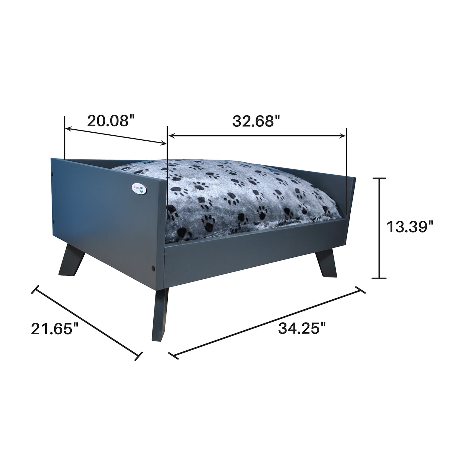Iconic Pet Sassy Paws Raised Wooden Pet Bed with Removable Cushion for Dogs & Cats - Charcoal Gray - Large
