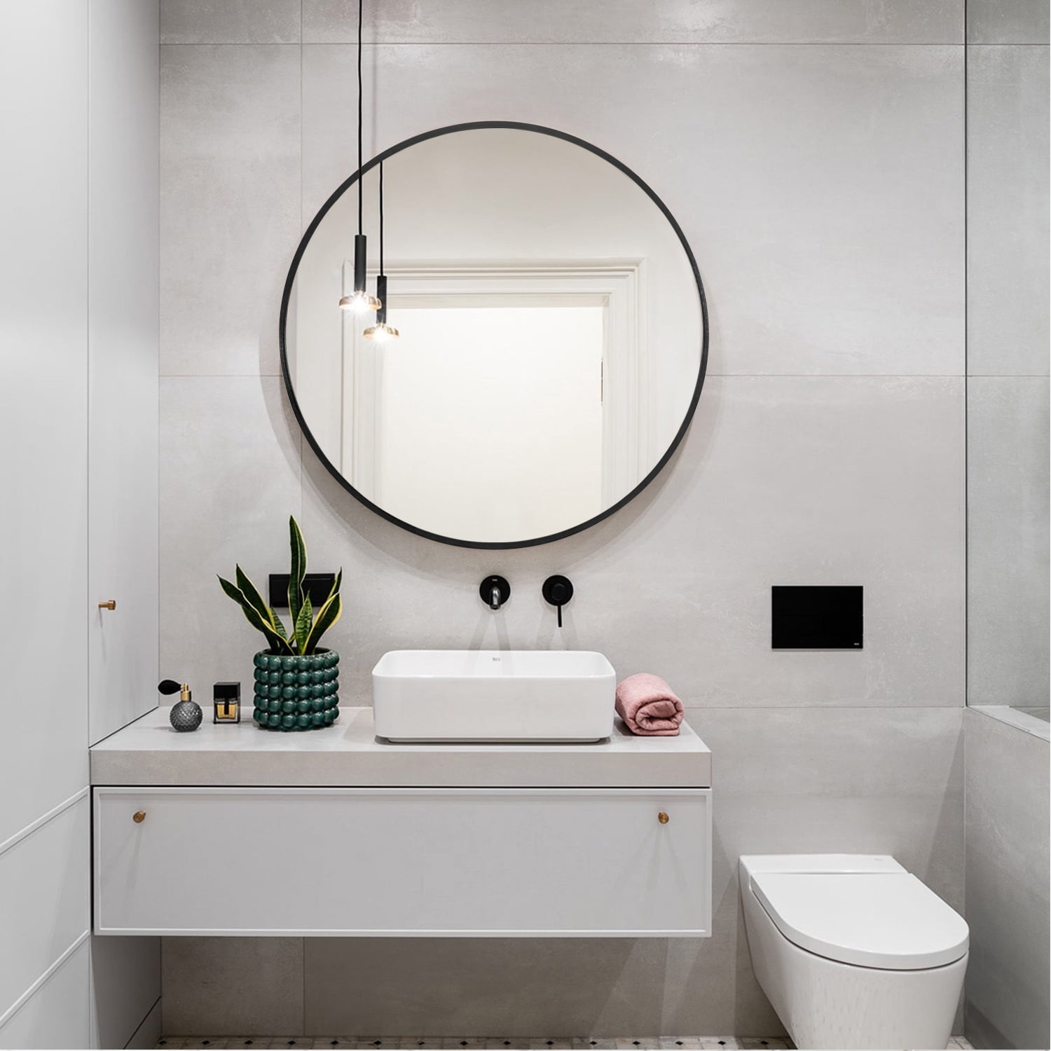 36" Black Round Wall Mirror Modern Accent Mirror Wall Decor Circle Mirror Aluminum Alloy Frame Bathroom Wall Mounted Mirror