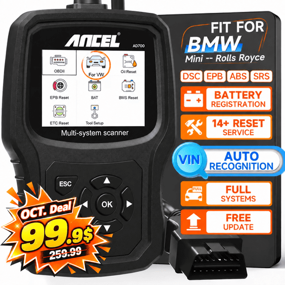 ANCEL AD700 (Upgrade of BM700) OBD2 Scanner Full System Diagnostic Code Reader, Ba-ttery Registration Tool, Advanced Auto VIN, Lifetime Free Update, Fit for BMW/Mini/RR
