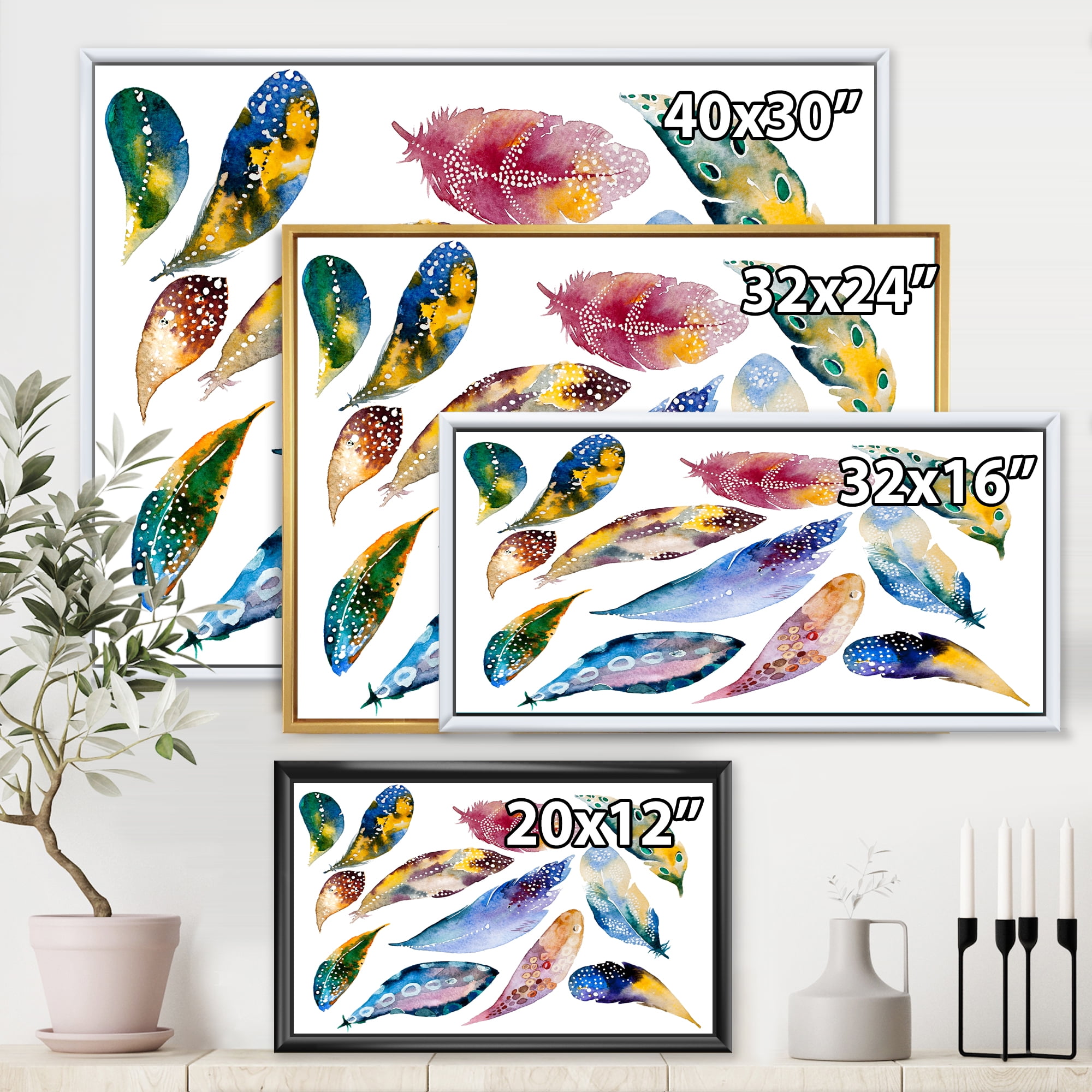 Designart 'Colourful Boho Feather Set On White VI' Bohemian & Eclectic Framed Canvas Wall Art Print