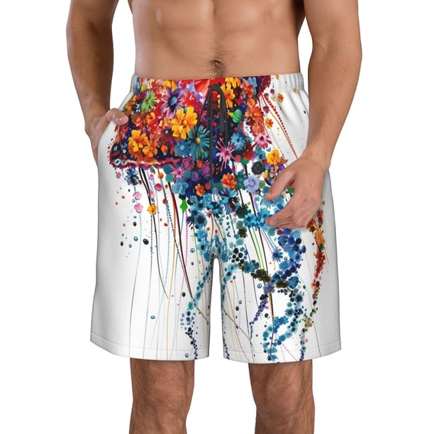 Balery Colorful Floral Jellyfish Traje de Baño Estilo Hawaiano para Hombre, Shorts de Secado Rápido con Bolsillos-Medium