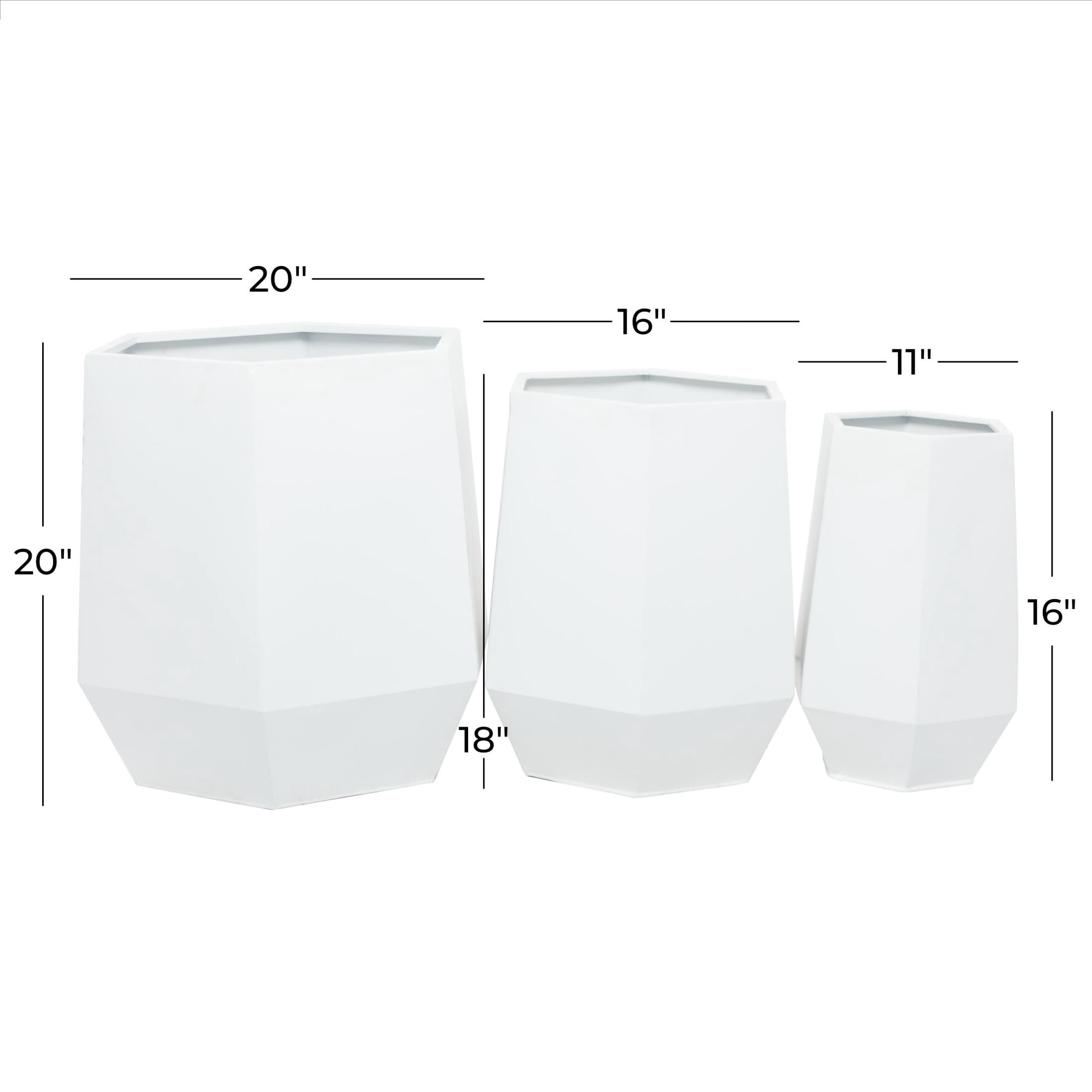 CosmoLiving by Cosmopolitan White Metal Geometric Hexagon Indoor Outdoor Planter, Set of 3 20", 16", 10"W
