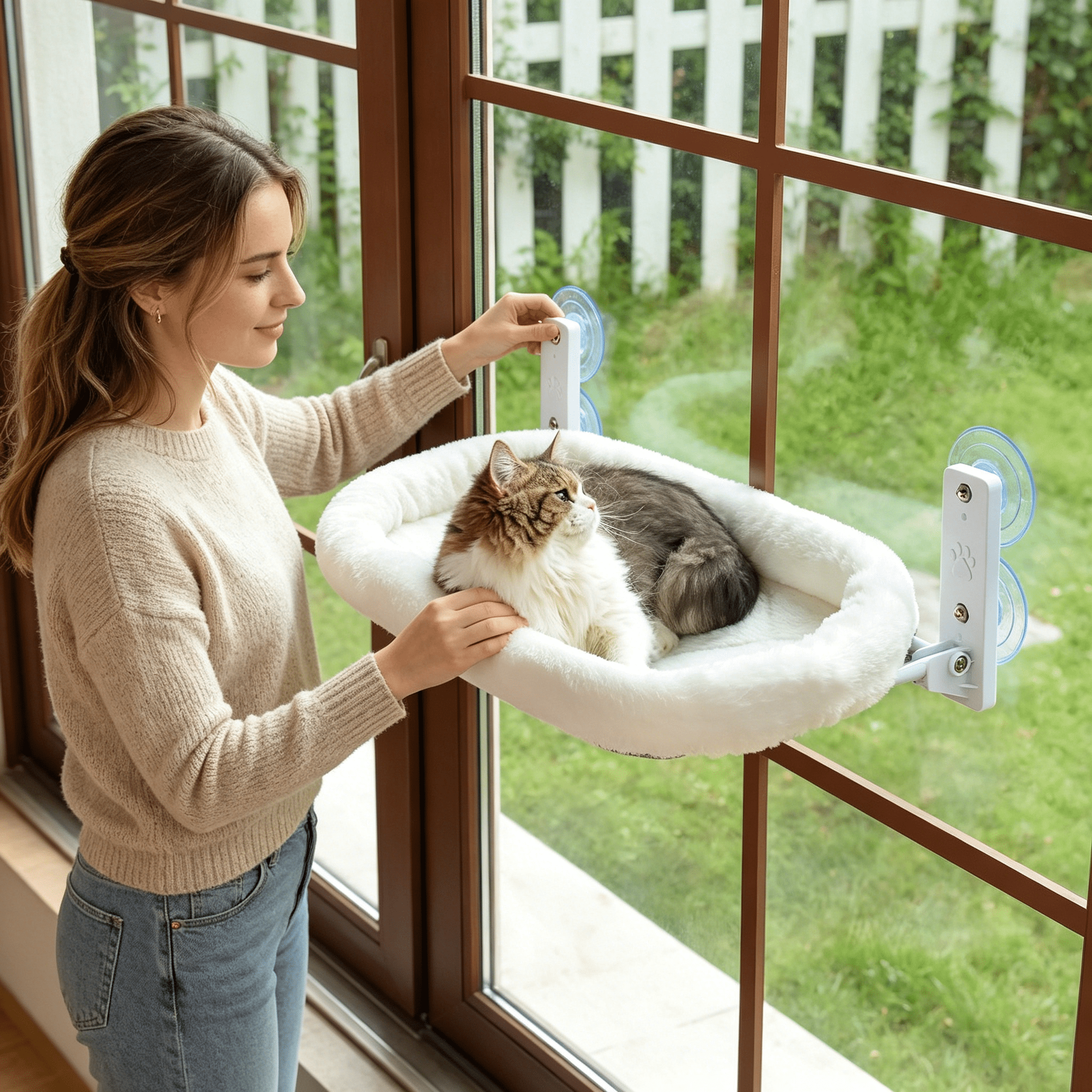 XIBUFE 2026 New Cordless Cat Window Perch, Window Hammock for Cats with 4 Strong Suction Cups, Solid Metal Frame and Soft Cover, Indoor Cat Bed
