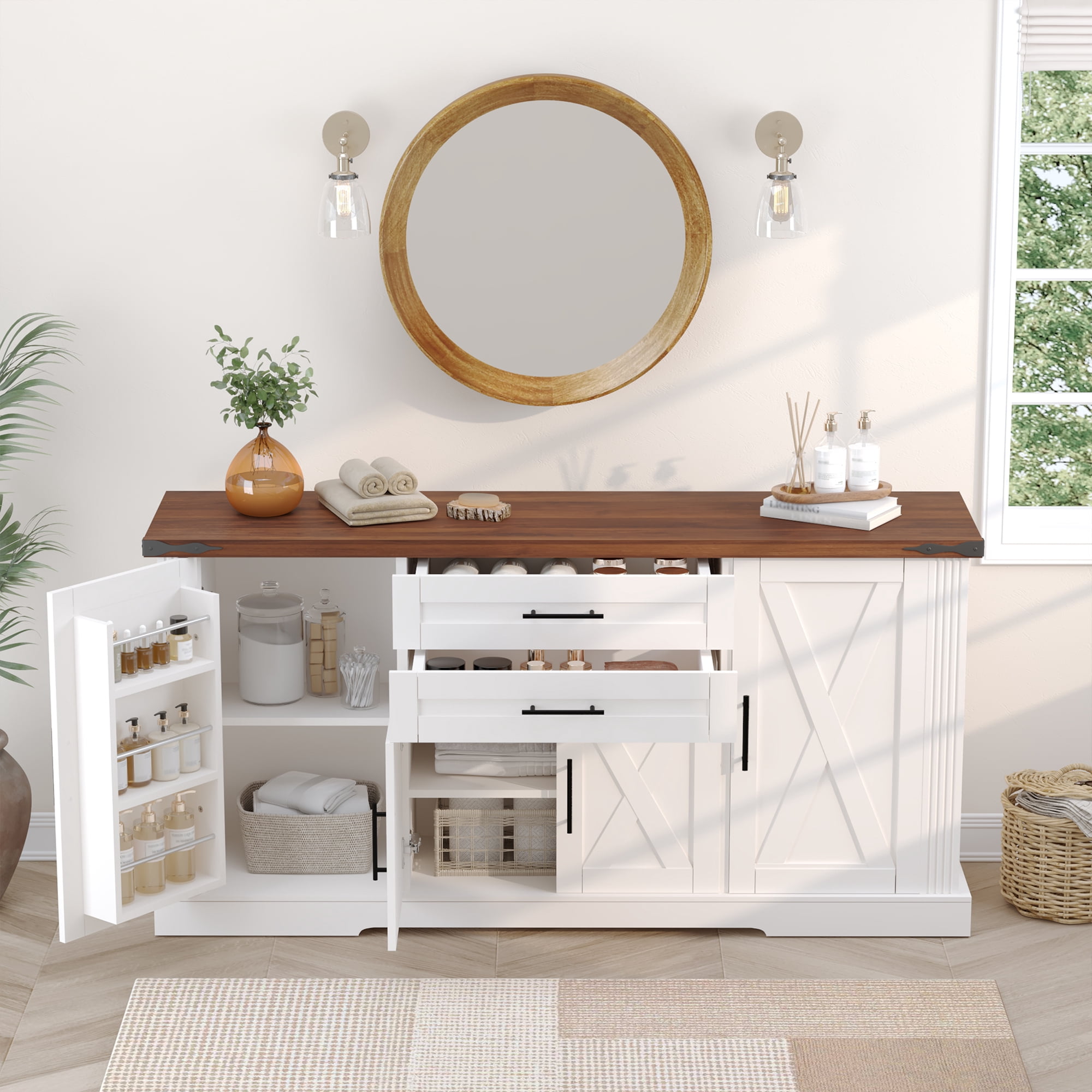 Mintazer 63" Farmhouse Sideboard Buffet Cabinet with 2 Drawers & Door Rack, Modern Storage Cabinet with Adjustable Shelves for Entryway Kitchen Living Room Dining Room, White