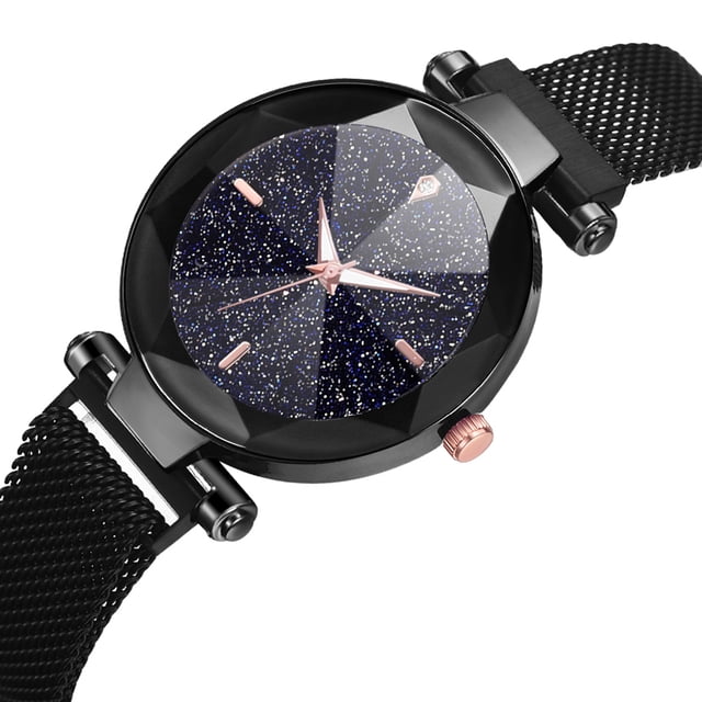 Reloj de pulsera de cuarzo para mujer a la moda, botón magnético, correa de malla, reloj de pulsera con esfera redonda de aleación (negro)
