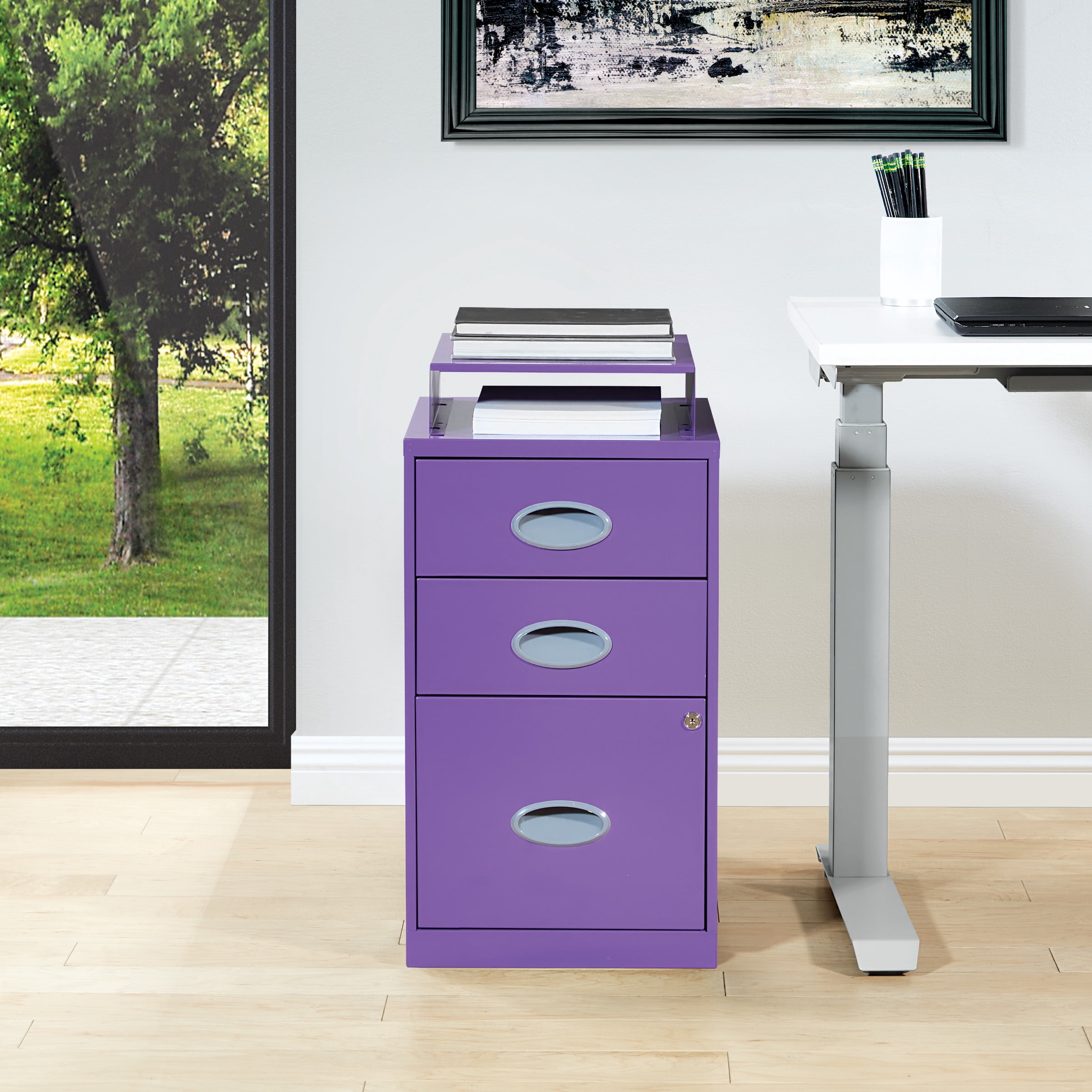 OSP Home Furnishings 3-Drawer Locking Metal File Cabinet, Purple