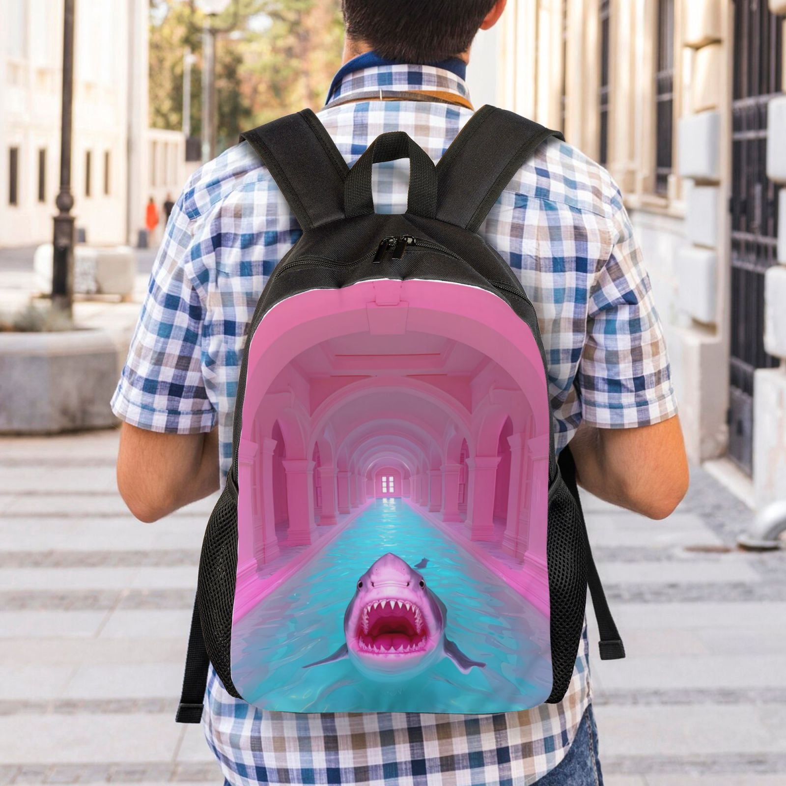 Xecao Pink Shark Pool Fantasy Print School Backpack with Laptop Compartment Small Travel Laptop Backpack for Women Men Waterproof College Backpack Simple School Bag