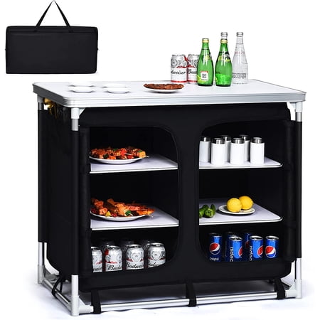 Camping Cook Table Kitchen Station with Storage Organizer and Carrying Bag  for BBQ Party  Picnics  Backyards  Tailgating  Portable  Black