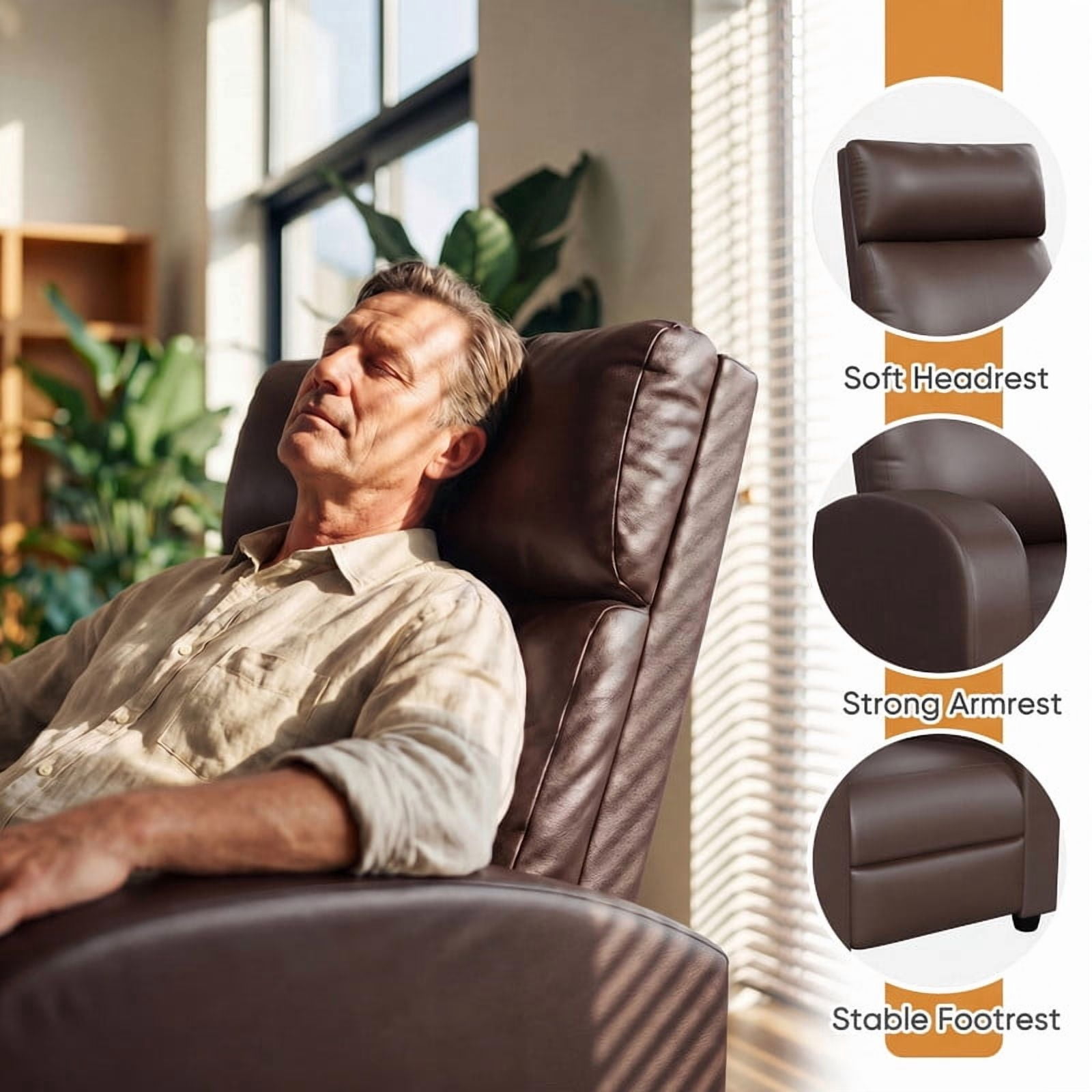 Vineego Massage Recliner Chair Small Places Single Sofa Adjustable Home Theater Seating with Side Pockets for Living Room,PU Brown