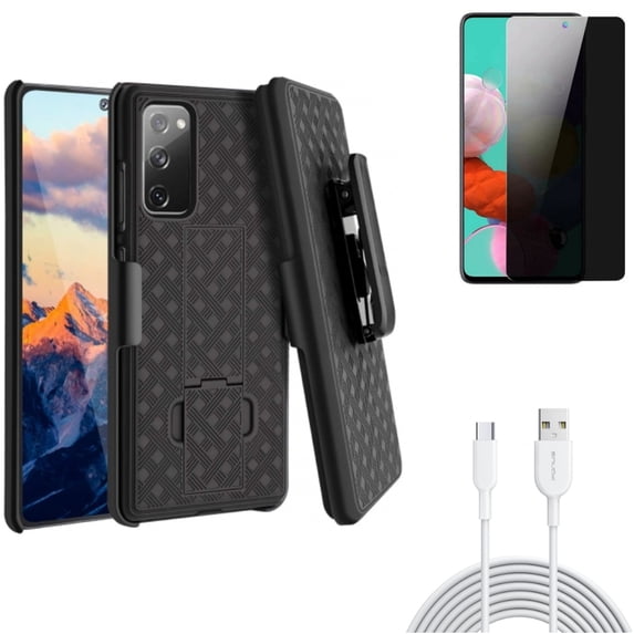 Case Belt Clip & Privacy Screen Protector & 6ft USB-C Cable for Samsung Galaxy S20 Fan Edition - Holster Swivel + Tempered Glass Anti-Spy + Type-C Fast Charger Combo