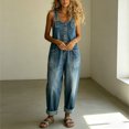 thumbnail image 2 of Morttic Women's Vintage Washed Denim Overalls – Casual Loose Wide Leg Jumpsuit with Pockets & Adjustable Straps Button Romper Blue，M, 2 of 6
