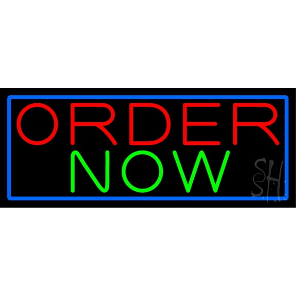 Order Now With Blue Border LED Neon Sign 13 x 32 - inches, Clear Edge Cut Acrylic Backing, with Dimmer - Bright and Premium built indoor LED Neon Sign for Bar decor.