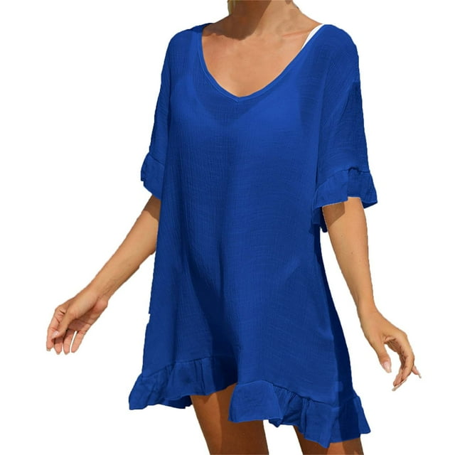 QIPOPIQ Robes de Plage pour Femmes Manches Courtes Col en V Couverture de Bikini d'Été Robe à Lacets Offres 2023