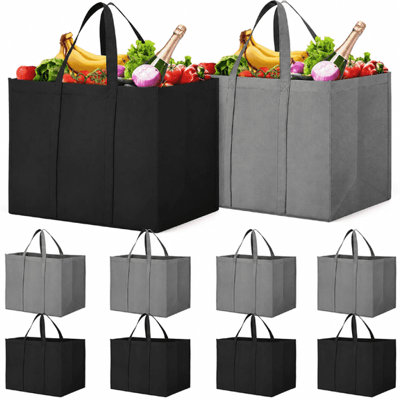 10 Pack Reusable Grocery Shopping Bags Large Foldable Tote Bags Bulk Non-Woven Fabric with Long Handle for Shopping Groceries Clothes Grey Black