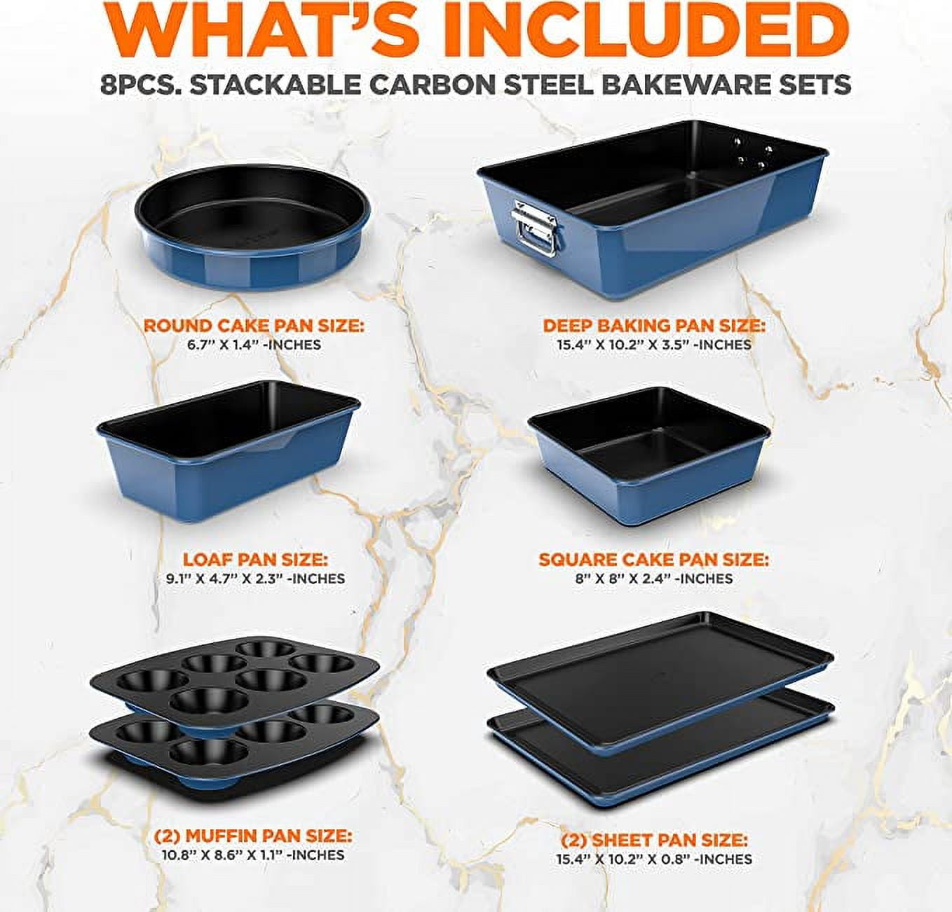 8-Piece Nonstick Stackable Bakeware Set w/ Non-Stick Coating, 450°F Oven Safe, Round Cake, Loaf, Muffin, Wide/Square Pans, Cookie Sheet (Blue)