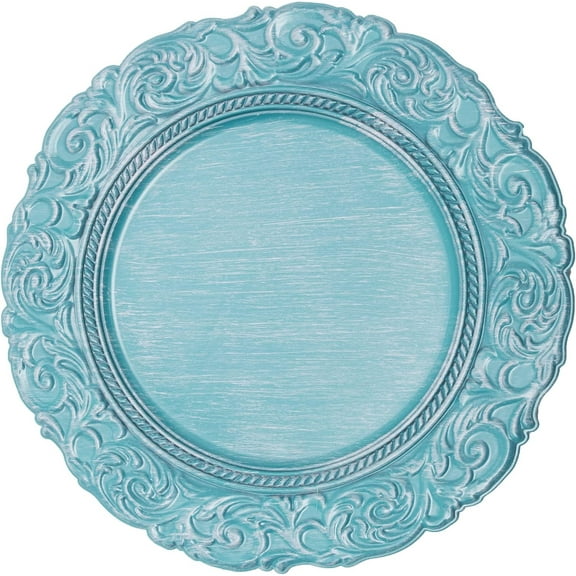 Simply Elegant Antique Look Plastic Charger Plate | Service Plate for Parties, Dinner, Weddings, Quinceaneras and Events | 13 inch Diameter | Blue- Gloss Finish | Set of 12
