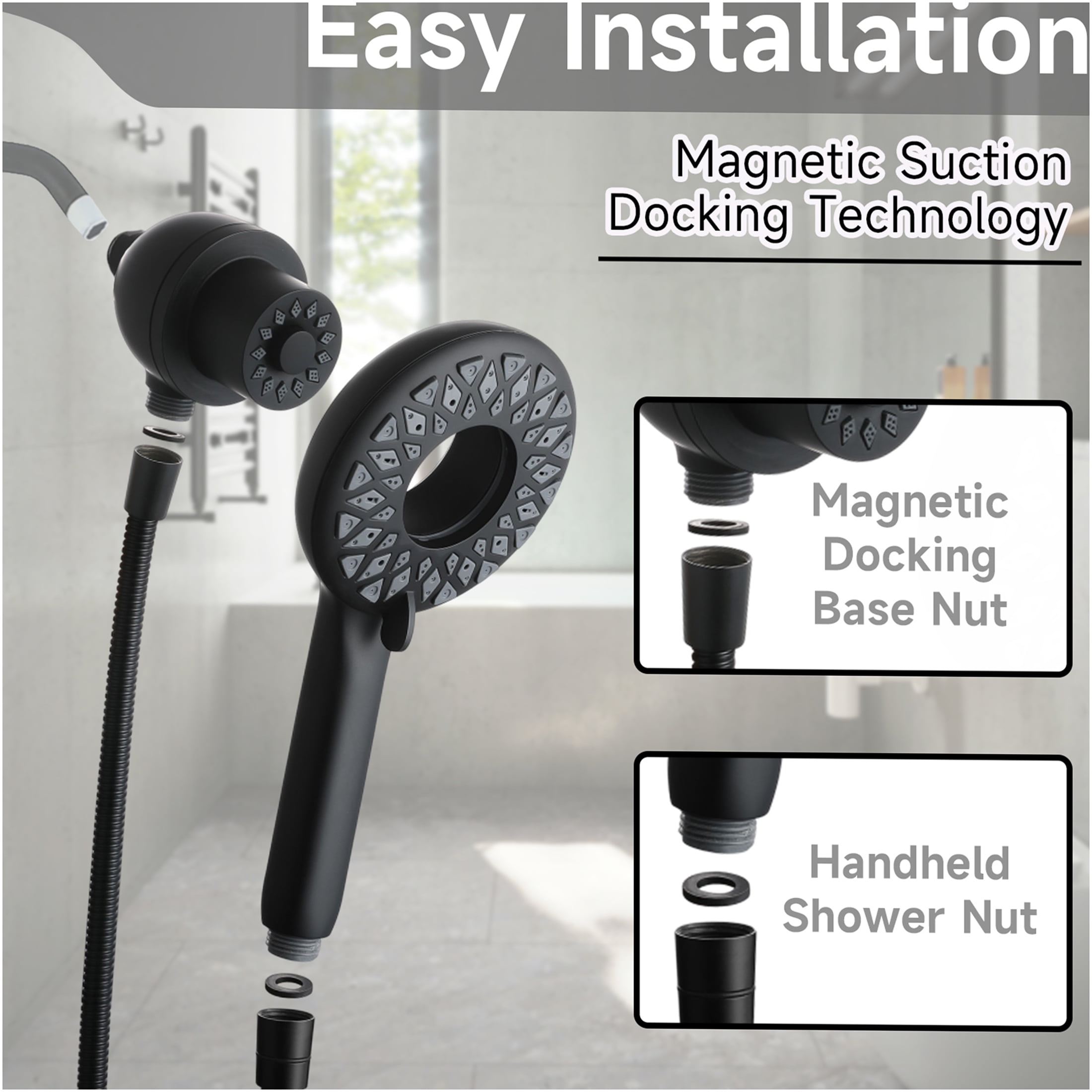 JERFIT Magnetic Handheld Shower Head with 6 Spray Modes, High Pressure Rain Shower Head with 60" Stainless Steel Hose, Matte Black ABS Wall Mount Showerhead for Bathroom