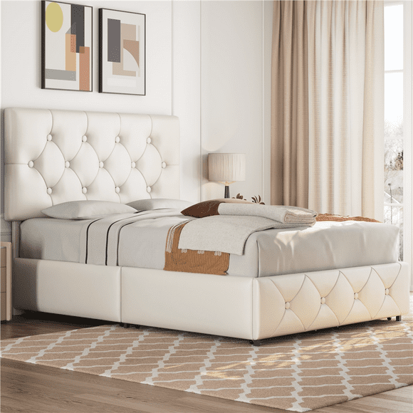 Yaheetech Upholstered Platform Bed with Adjustable Headboard and 4 Drawers Storage, Full, Beige