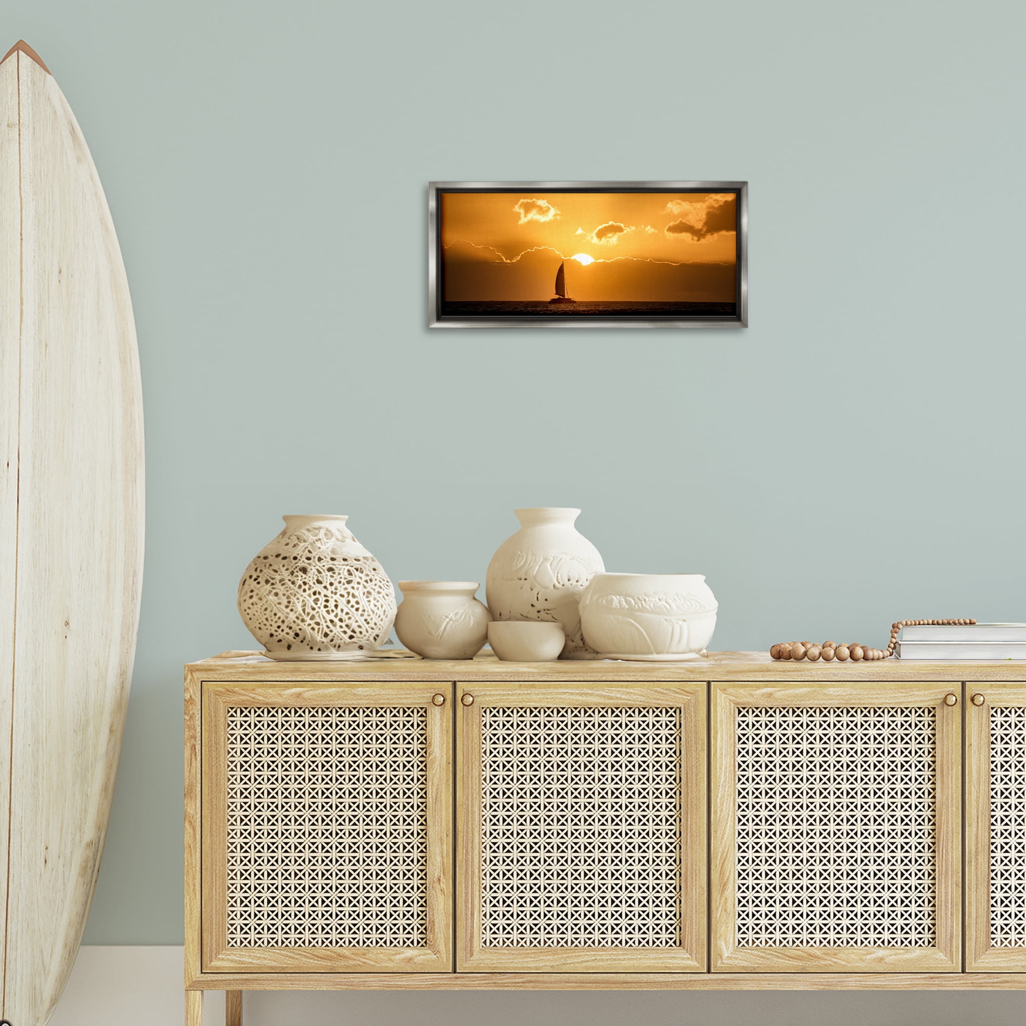 Stupell Industries Tranquil Sunset Sailboat Transportation Photography Gray Floater Framed Canvas Art Print Wall Art, 25 x 11