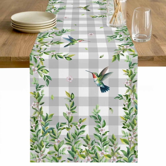 Spring Plants Table Runner - 70 Inch Long Watercolor Leaves Birds Flowers Gray Plaid Cotton and Linen Blended Dress Scarves Farmhouse Table Runner for Kitchen Dining, Coffee Table, 13" x 70"