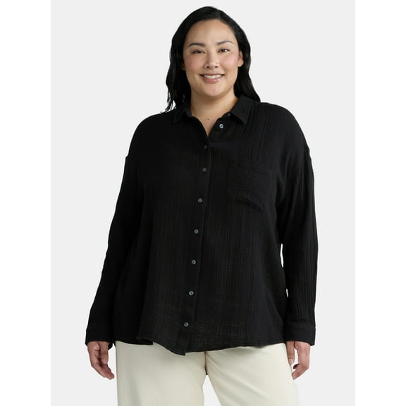 Time and Tru Women's Double Cloth Cotton Shirt with Long Sleeves, Sizes XS-XXXL