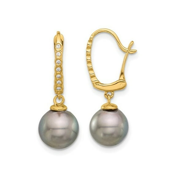 14K White Gold Black Saltwater Tahitian Dangle Pearl Earrings (8-9mm)