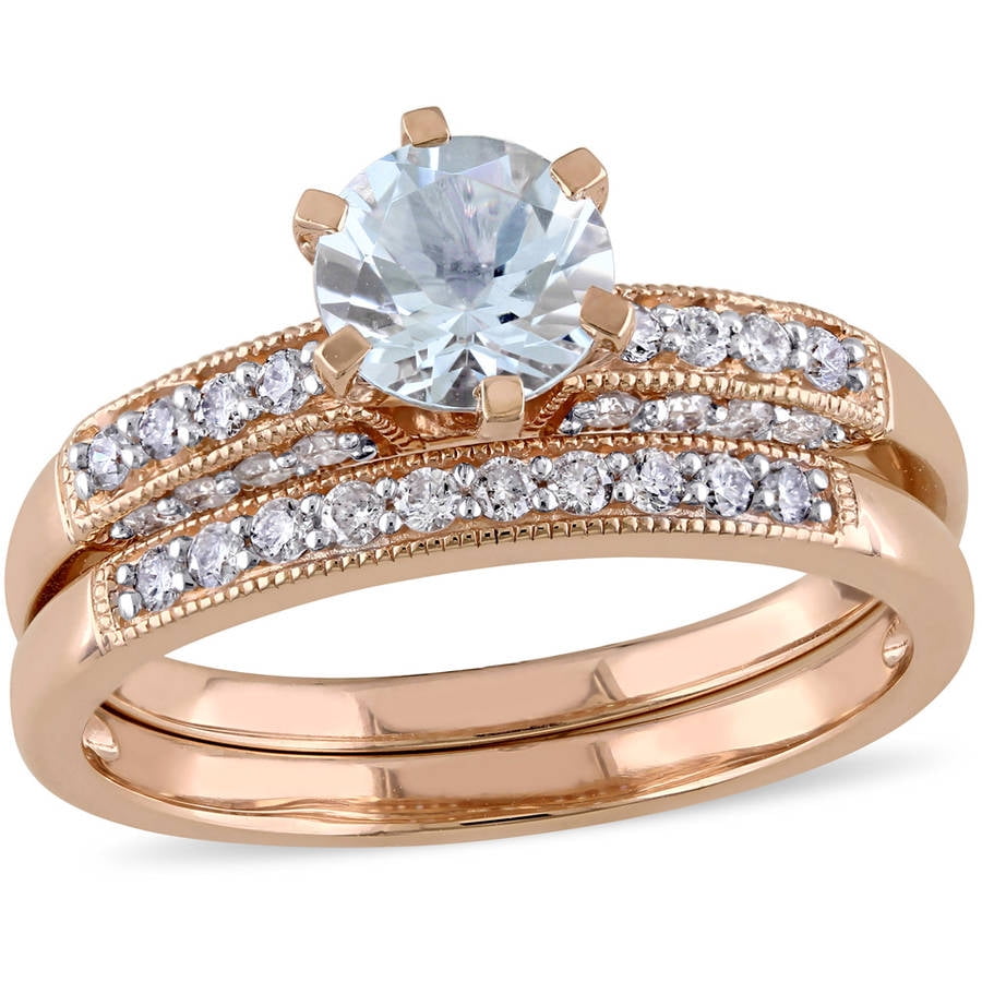 Tangelo 2 Carat T.G.W. Aquamarine and 1 3 Carat T.W Diamond 10kt Rose Gold Bridal Set by Tangelo