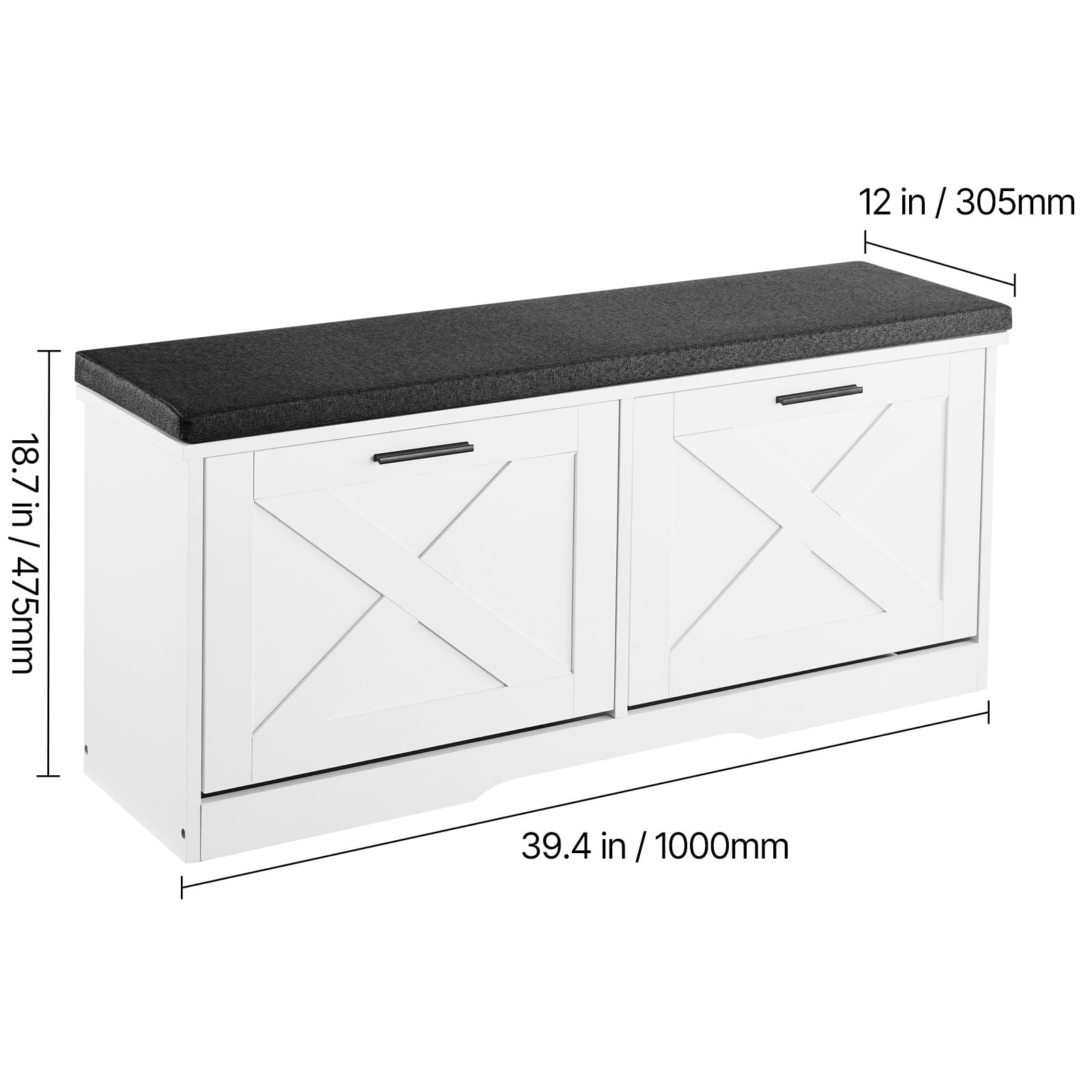 VEVOR Entryway Shoe Storage Bench, 39.4 x 12.0 x 18.7 Inch Shoe Organizer with Flip Drawers, 440lbs Narrow Shoes Rack Bench with Cushion & Flip Doors, for Hallway, Living Room, Bedroom, Black + White