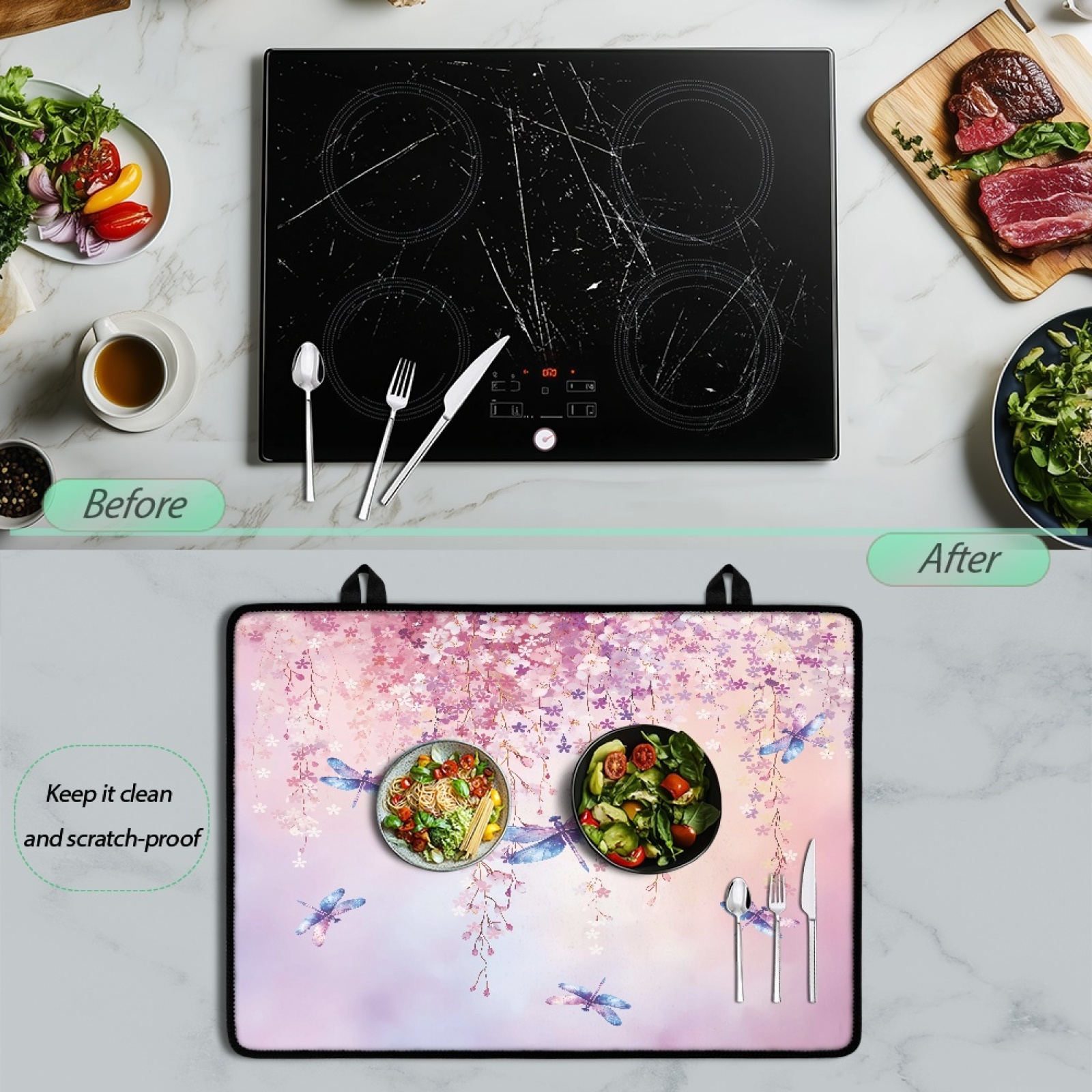 ZIATUBLE Glass Ceramic Top Stove Cover Multipurpose Induction Cooktop Protector Mat with Non-Slip Rubber Backing Kitchen Accessories, 29 x 21 Inch, Flower Dragonfly