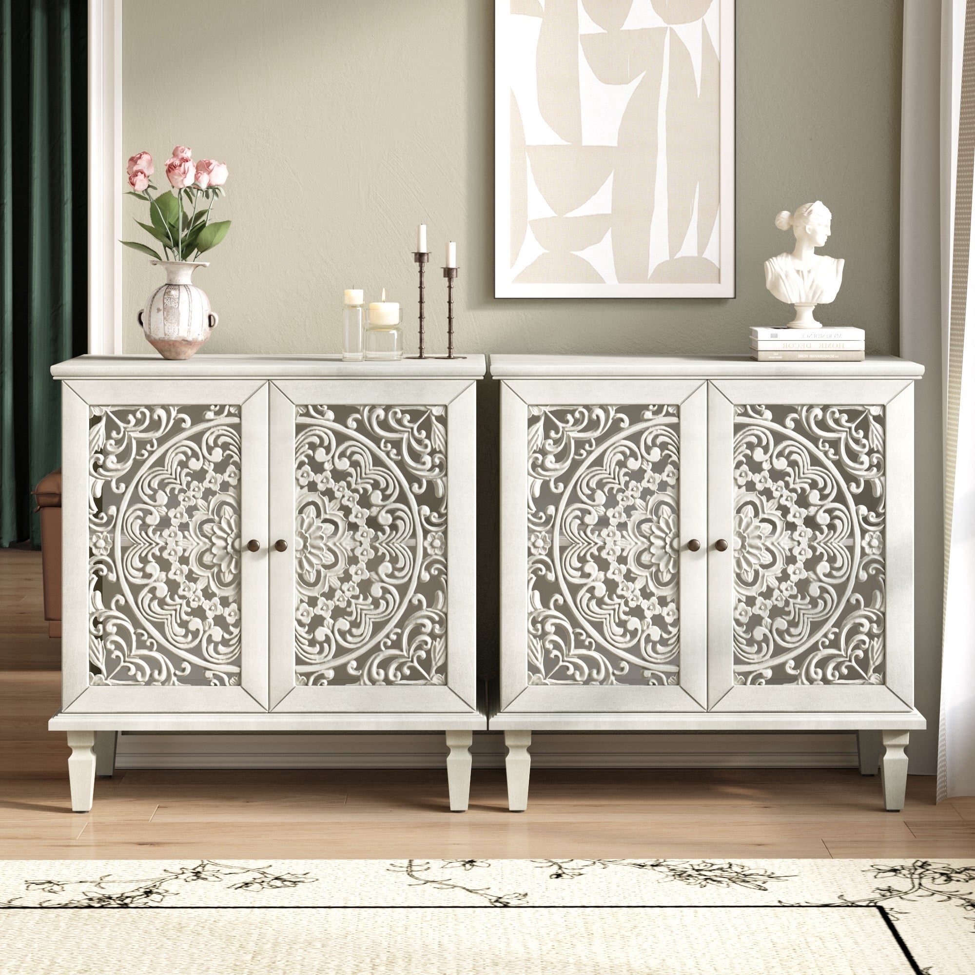 Vintage Accent Cabinet with Floral Carved Doors, 2 Door Sideboard Storage Cabinet with Adjustable Shelf, Antique White