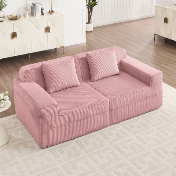 Miekor Furniture Modular 2 Seat Loveseat Boneless Sofa, Cloud Sectional Couch with Deep Seat, Modern Modular 2-Seat Sofa Couch with Throw Pillows Corduroy Fabric Pink No8854