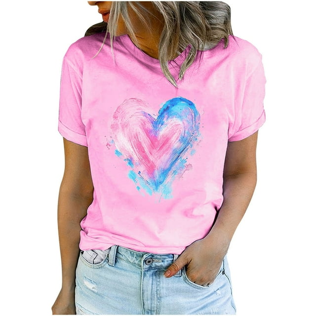 Diufon Hauts de la Saint-Valentin pour Femmes Décontracté Tendance Manches Courtes Col Rond Chemisier Imprimé Graphique Mignon