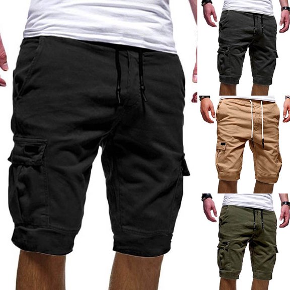 AYYUFE Summer Casual Men Solid Color Cargo Shorts Multi-Pockets Drawstring Fifth Pants