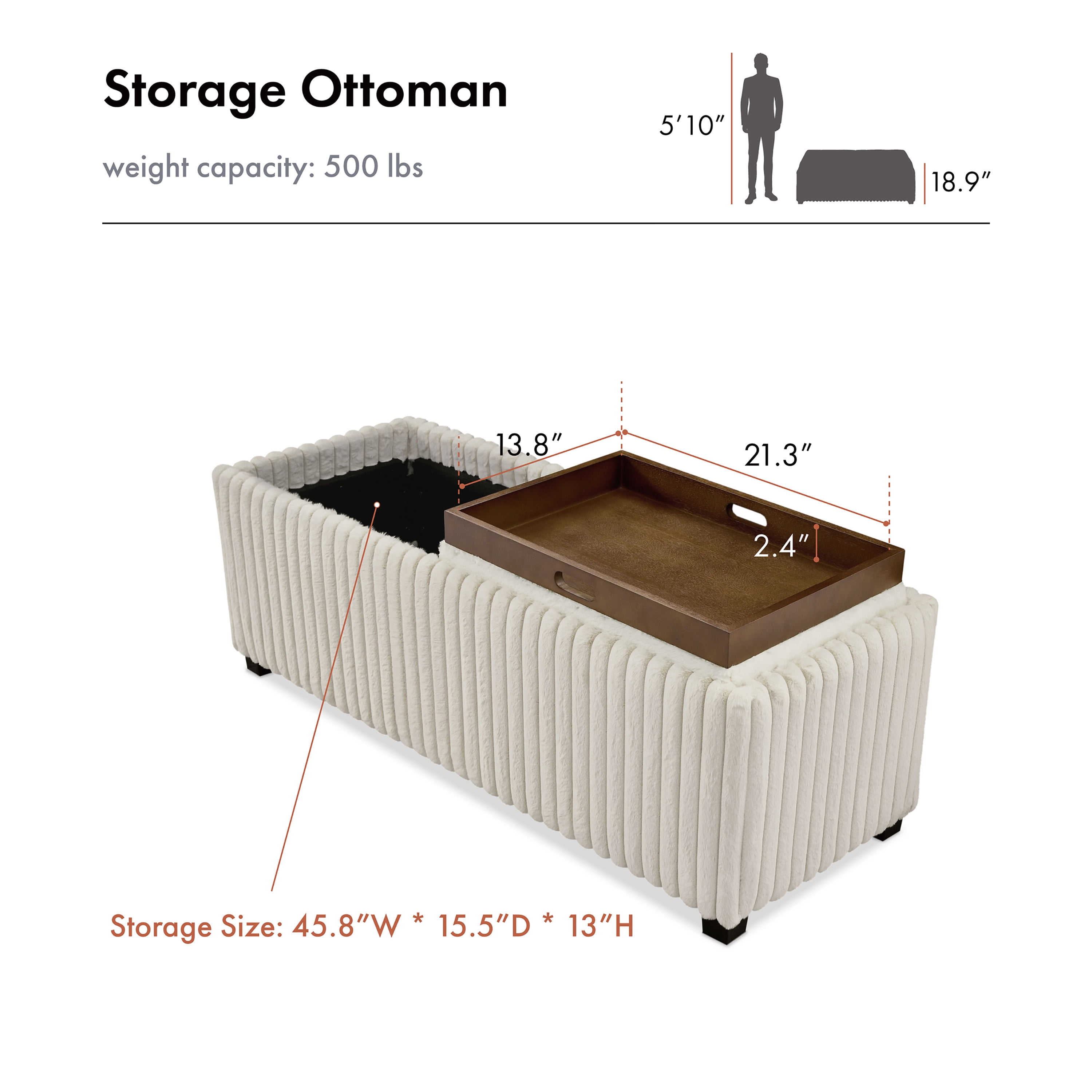 Furniture of America Terri Modern Corduroy Two Tray Tops Storage Ottoman, White