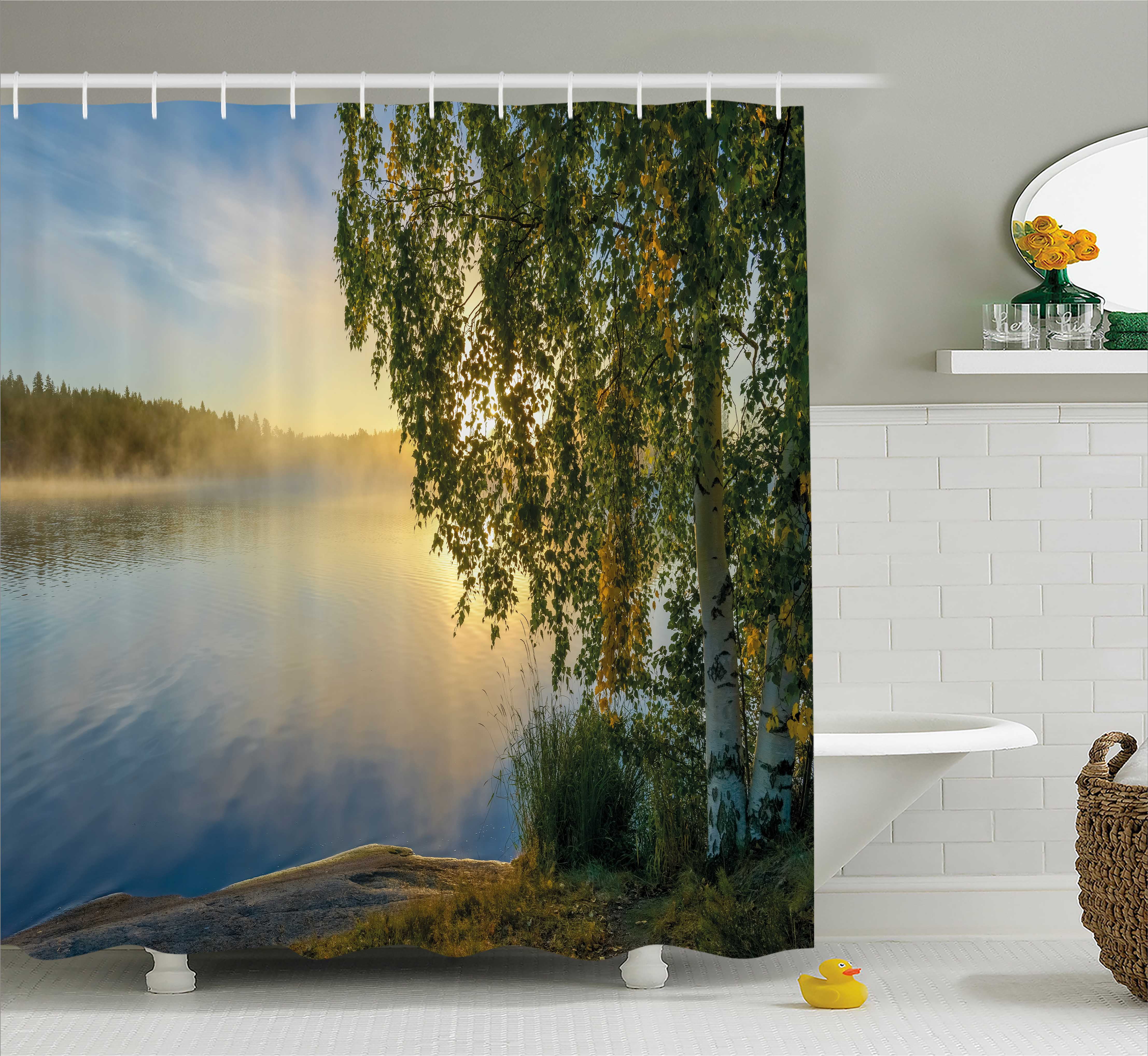 Nature Shower Curtain Sunny Day By Misty Lake With Tree Summer Season Horizon August Landscape Fabric Bathroom Set Hooks 69w X 75l Inches