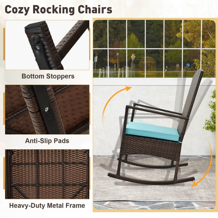 Aimee Lii 3 Piece Patio Rocking Set, Wicker Rocking Chairs with 2-Tier Coffee Table, Outdoor Patio Set, Turquoise Aimee Lii 3 Piece Patio Rocking Set, Wicker Rocking Chairs with 2-Tier Coffee Table, Outdoor Patio Set, Turquoise